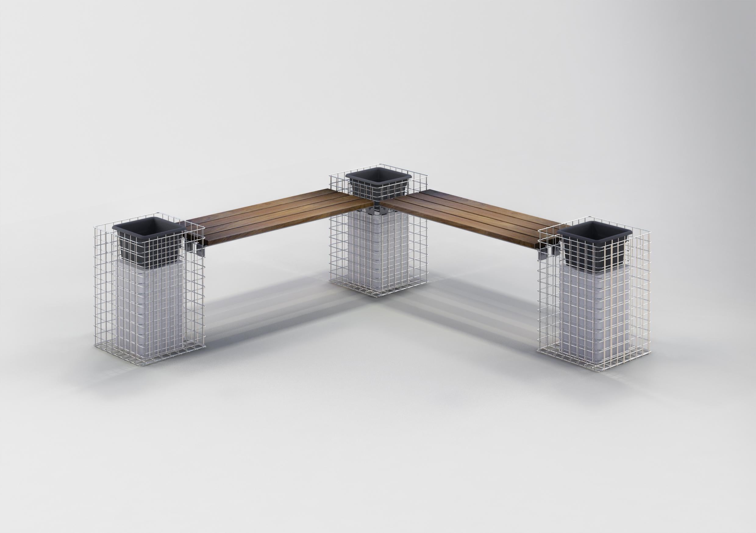 Schanskorfbank met 3 bloemenzuilen - Cumaru hout, 205 cm lang x 60 cm hoog x 37 cm diep, thermisch verzinkt, MW 5 x 5 cm