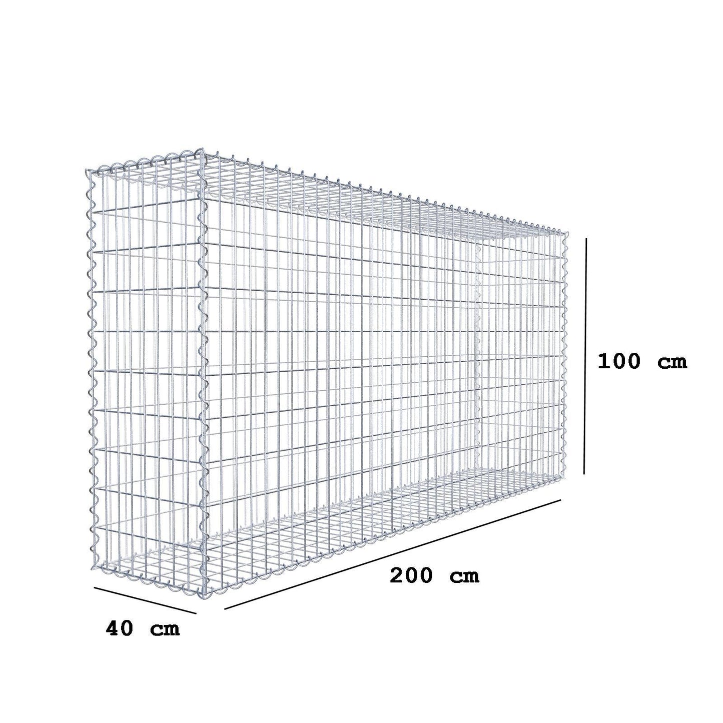 Gabion 200 cm x 100 cm x 40 cm (L x H x D), maskestørrelse 5 cm x 10 cm, spiral