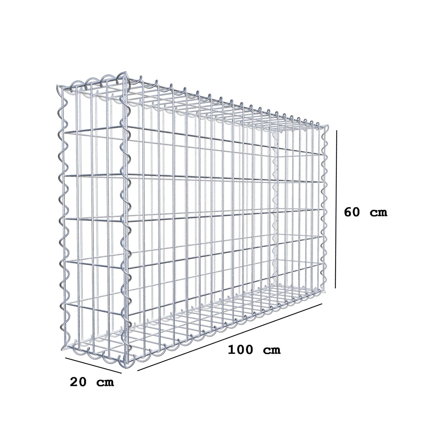 Gabion 100 cm x 60 cm x 20 cm (L x H x D), maskestørrelse 5 cm x 10 cm, spiral