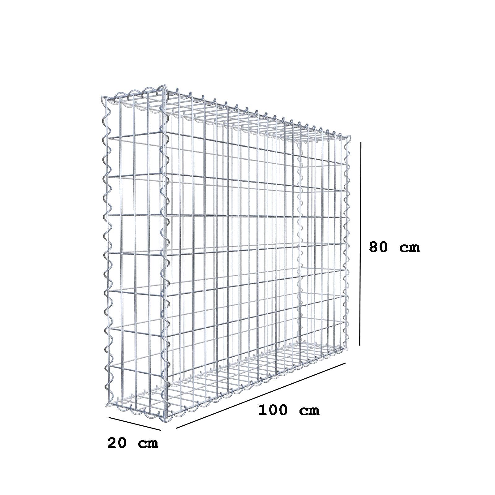 Gabião 100 cm x 80 cm x 20 cm (C x A x P), malhagem 5 cm x 10 cm, espiral