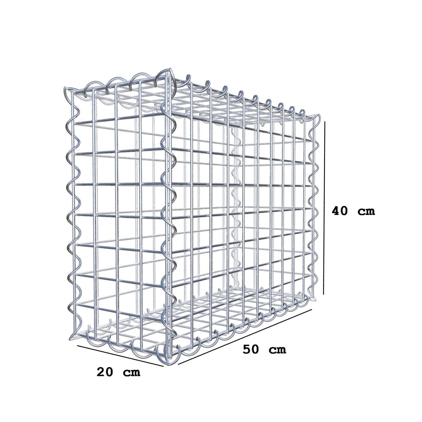 Gabião 50 cm x 40 cm x 20 cm (C x A x P), malhagem 5 cm x 5 cm, espiral