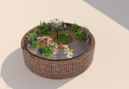 Laghetto rialzato in gabbioni, rotondo, diametro esterno 202 cm, altezza 50 cm, maglia 5 x 5 cm, spessore parete 15 cm