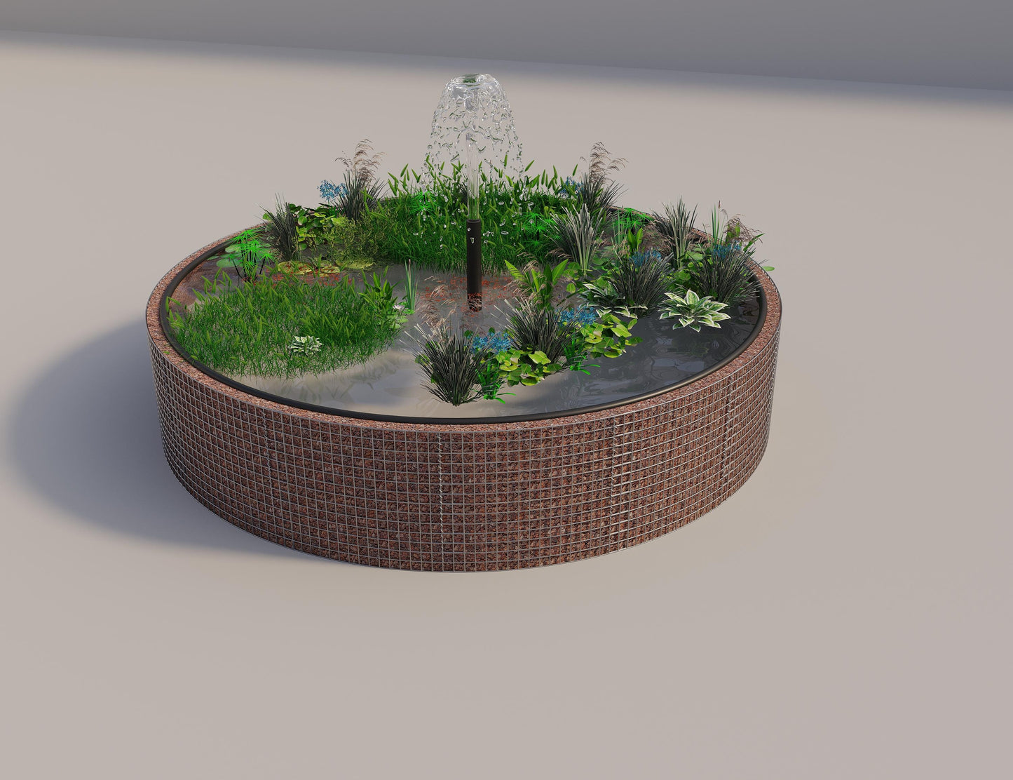 Gabião para lago elevado redondo, diâmetro exterior 382 cm, altura 80 cm, dimensão da malha 5 x 5 cm, espessura da parede 15 cm