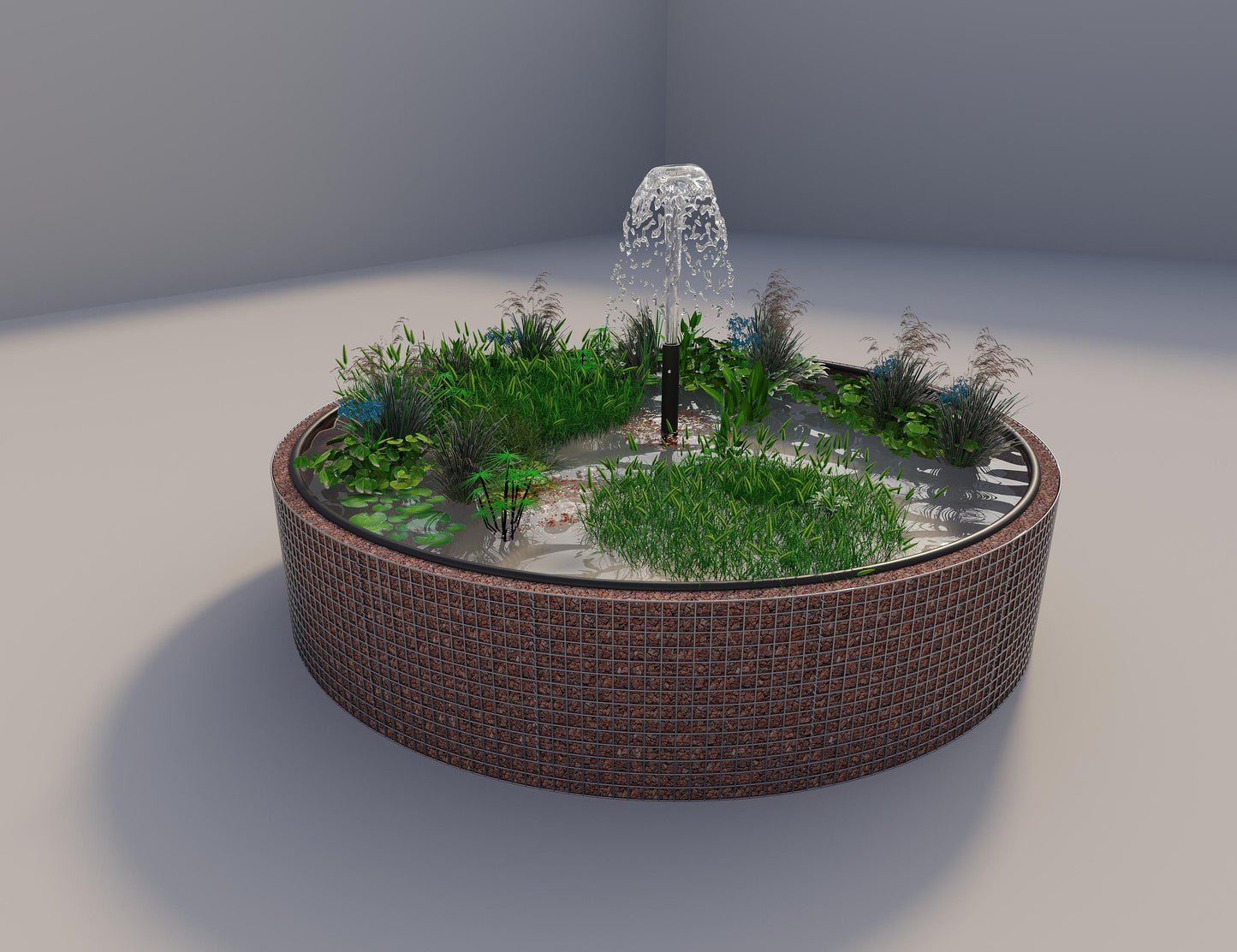 Gabião para lago elevado redondo, diâmetro exterior 382 cm, altura 80 cm, dimensão da malha 5 x 5 cm, espessura da parede 15 cm