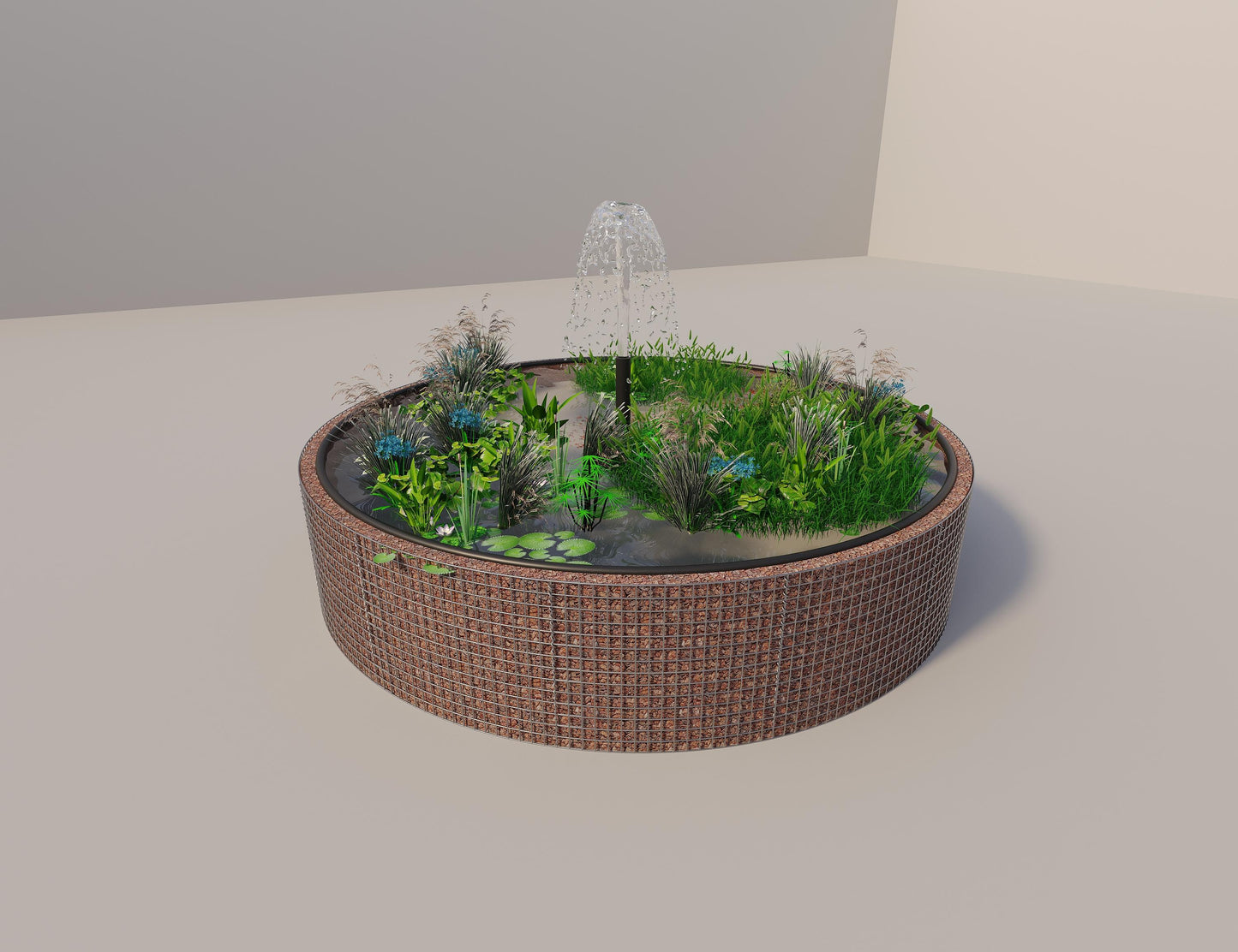 Gabião para lago elevado redondo, diâmetro exterior 382 cm, altura 80 cm, dimensão da malha 5 x 5 cm, espessura da parede 15 cm