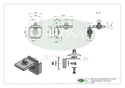 Grampo com suporte de cerca 5 x 5 cm para malha de haste dupla, alumínio