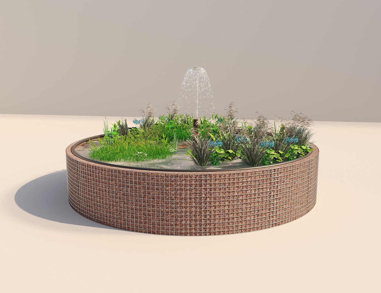 Gabião de lago elevado redondo, diâmetro exterior 412 cm, altura 80 cm, dimensão da malha 5 x 5 cm, espessura da parede 15 cm