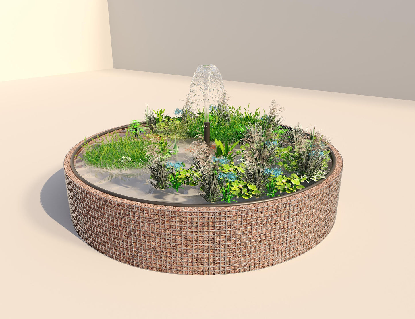 Gabião de lago elevado redondo, diâmetro exterior 412 cm, altura 80 cm, dimensão da malha 5 x 5 cm, espessura da parede 15 cm