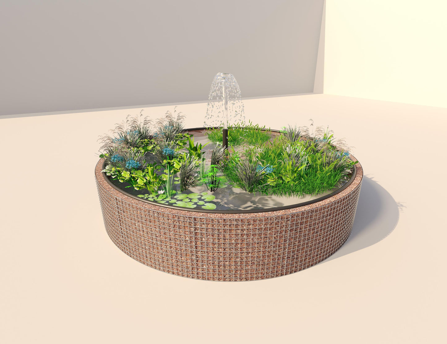 Gabião de lago elevado redondo, diâmetro exterior 412 cm, altura 80 cm, dimensão da malha 5 x 5 cm, espessura da parede 15 cm