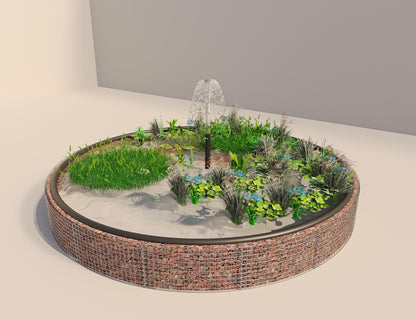 Laghetto rialzato in gabbioni, rotondo, diametro esterno 472 cm, altezza 50 cm, maglia 5 x 5 cm, spessore parete 15 cm