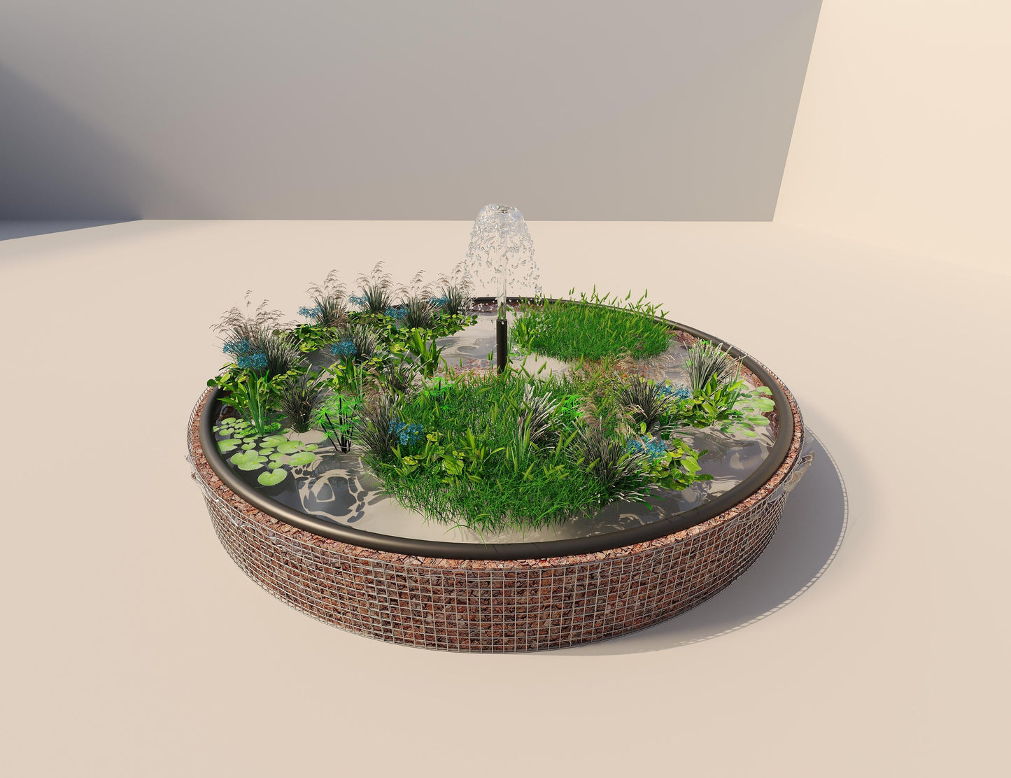 Laghetto rialzato in gabbioni, rotondo, diametro esterno 472 cm, altezza 50 cm, maglia 5 x 5 cm, spessore parete 15 cm