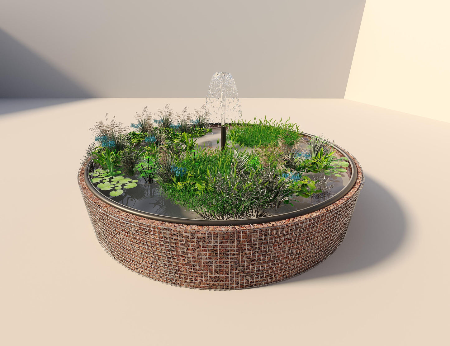 Gabião para lago elevado redondo, diâmetro exterior 472 cm, altura 80 cm, dimensão da malha 5 x 5 cm, espessura da parede 15 cm