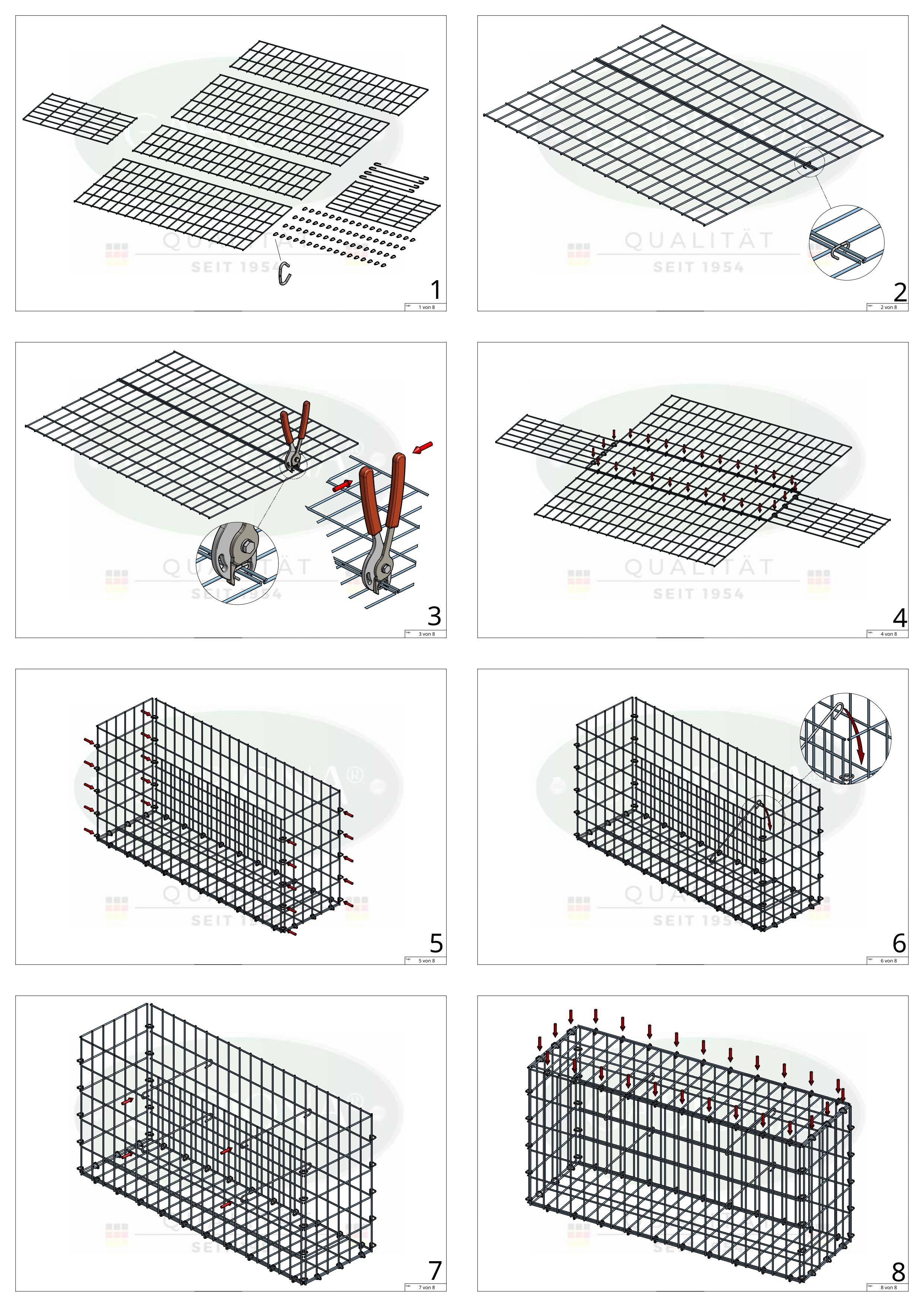 Gabion 100 cm x 100 cm x 30 cm (L x H x D), maskestørrelse 5 cm x 10 cm, C-ring