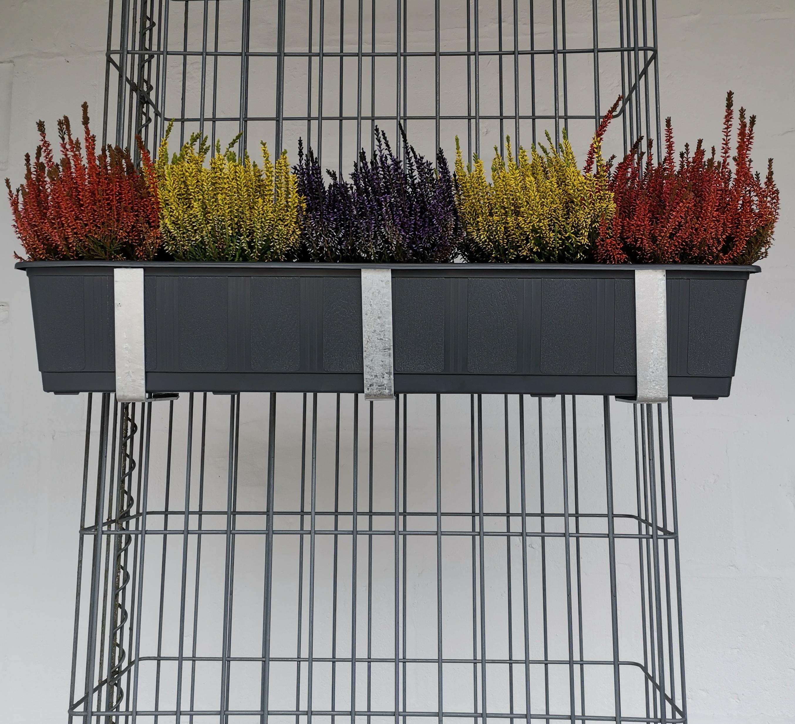 Support pour caissettes à fleurs galvanisé en set de 3 avec pot de fleurs, pour gabions MW 5 x 20