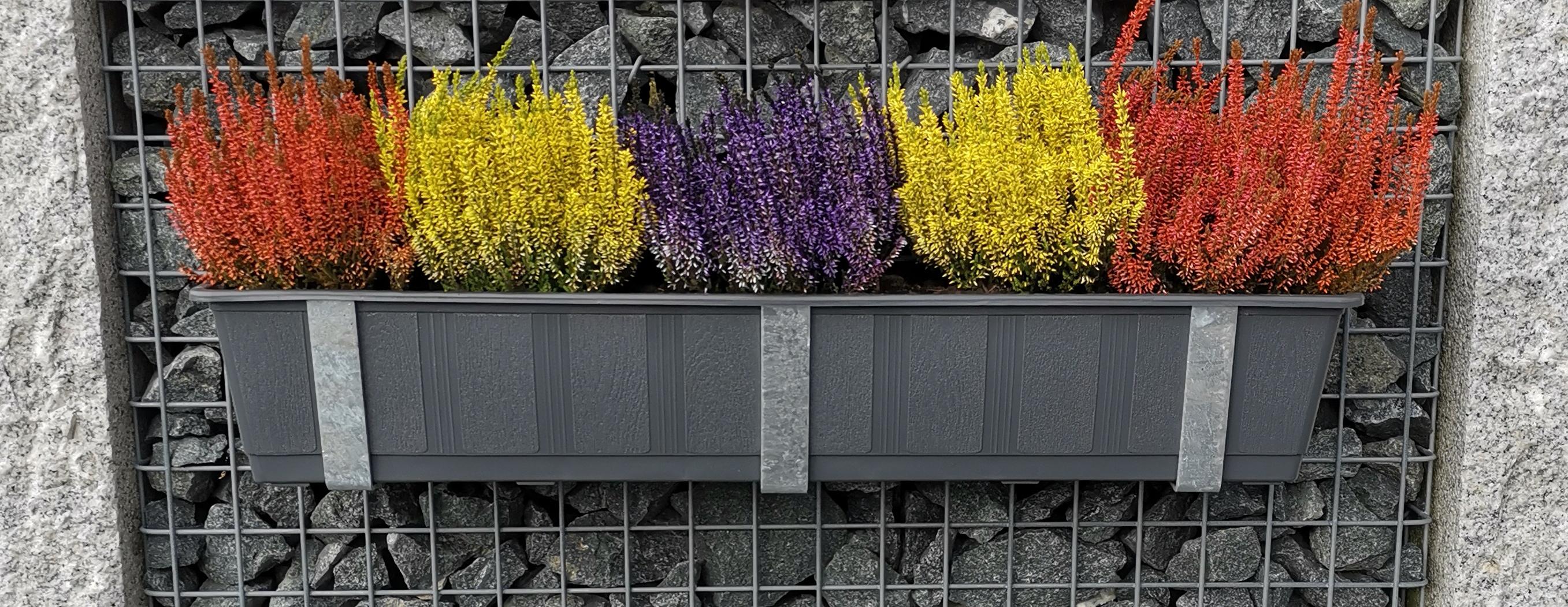 Support pour caissettes à fleurs galvanisé en set de 3 avec pot de fleurs, pour gabions MW 5 x 5