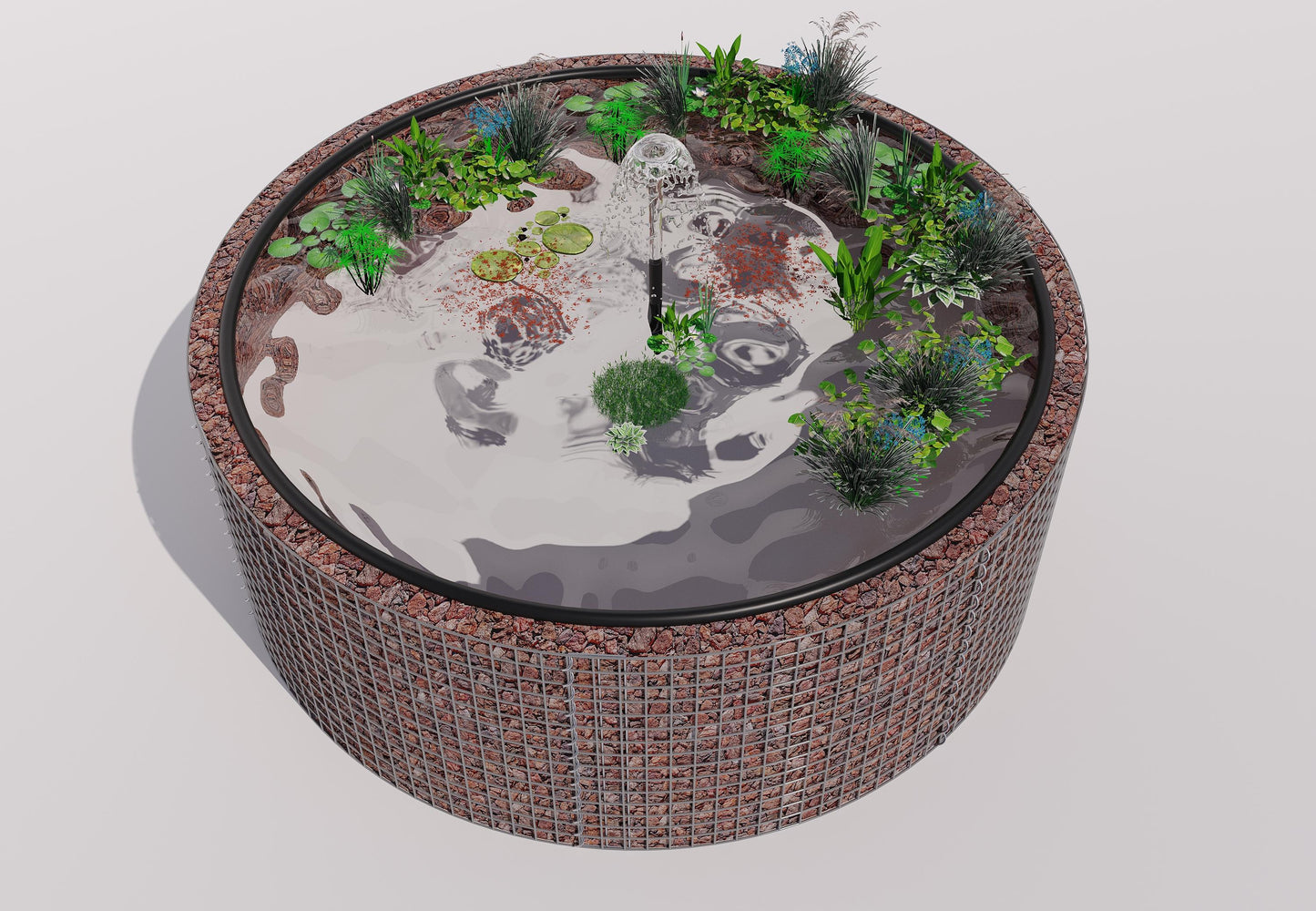 Laghetto rialzato in gabbioni, rotondo, diametro esterno 232 cm, altezza 80 cm, maglia 5 x 5 cm, spessore parete 15 cm