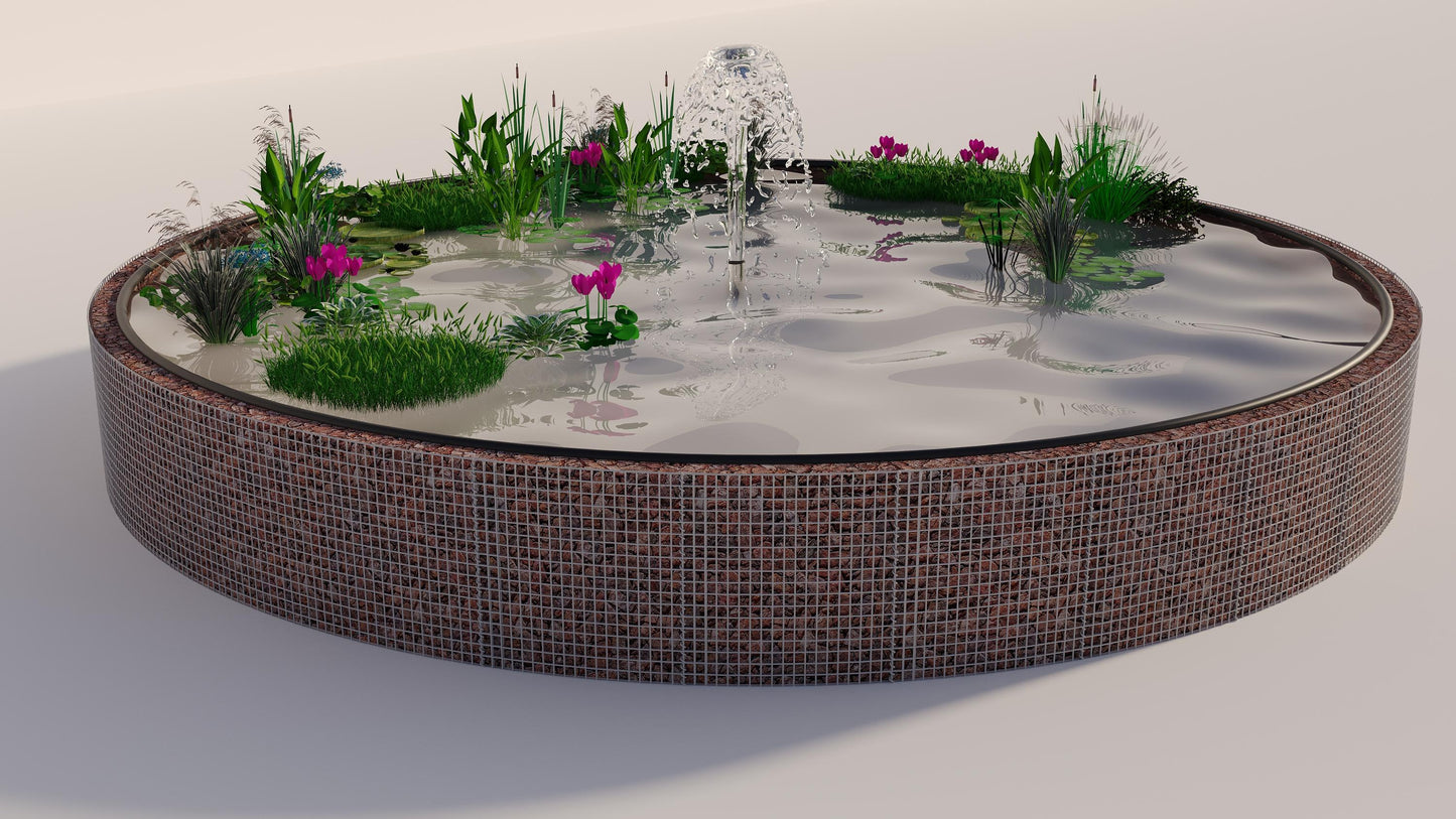 Schanskorven verhoogde vijver, rond, buitendiameter 322 cm, hoogte 80 cm, maaswijdte 5 x 5 cm, wanddikte 15 cm