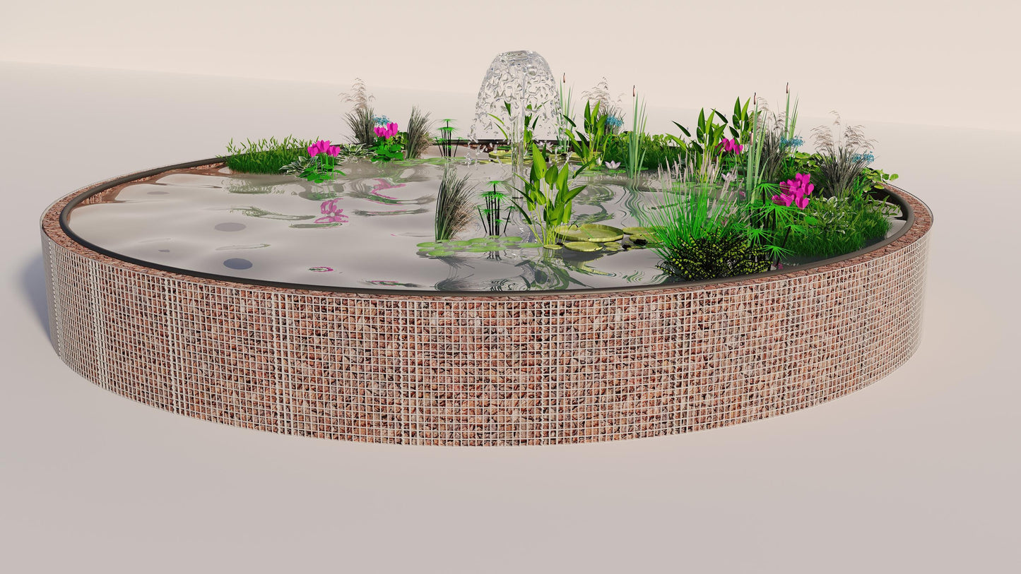 Schanskorven verhoogde vijver, rond, buitendiameter 322 cm, hoogte 80 cm, maaswijdte 5 x 5 cm, wanddikte 15 cm