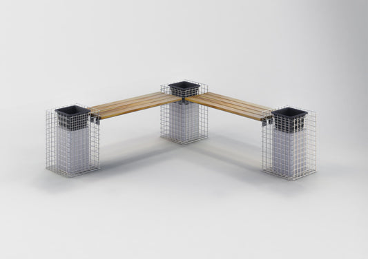 Panchina in gabbioni con 3 colonne di fiori - teak, 205 cm di lunghezza x 60 cm di altezza x 37 cm di profondità, zincata a caldo, MW 5 x 5 cm