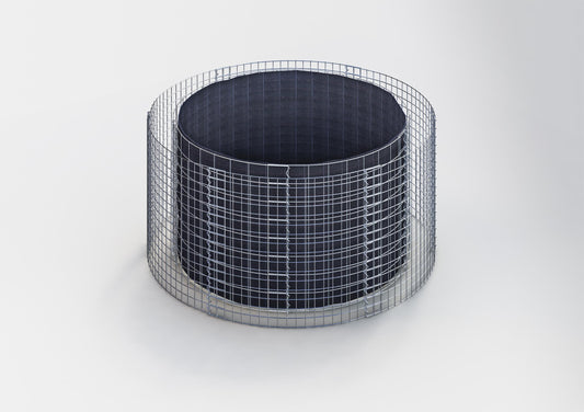 Canteiro elevado redondo, diâmetro externo 172 cm, altura 80 cm, tamanho da malha 5 x 10 cm, espessura da parede 15 cm