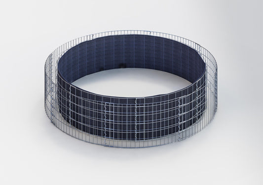 Canteiro elevado redondo, diâmetro externo 232 cm, altura 50 cm, tamanho da malha 5 x 10 cm, espessura da parede 15 cm