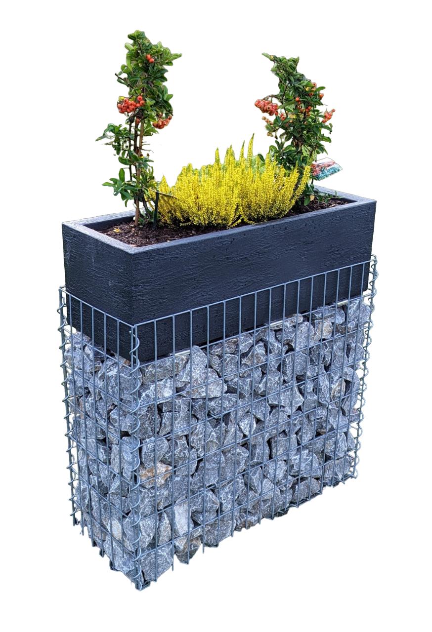 Gabion med blomskål 80 cm x 46 cm x 30 cm (L x H x D), maskstorlek 5 x 10 cm, spiral