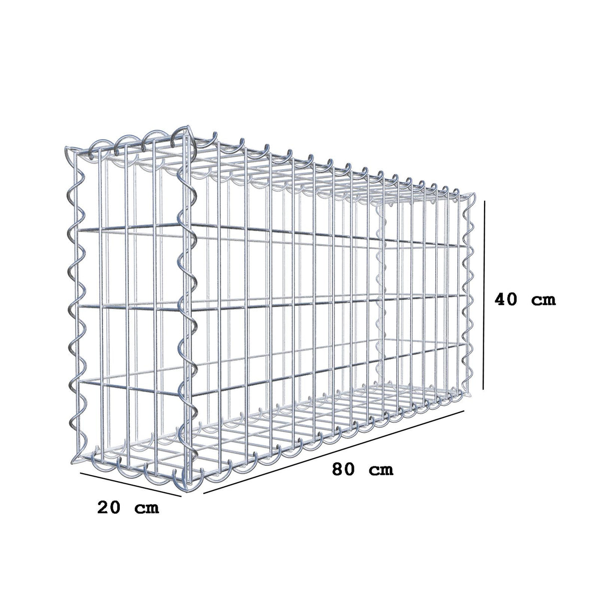Gabion 80 cm x 40 cm x 20 cm (L x H x D), maskestørrelse 5 cm x 10 cm, spiral