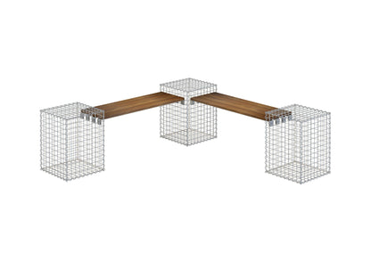 Gabion bench with 3 spiral gabions made of Cumaru wood, 205 cm long x 60 cm high x 37 cm deep, galvanized, MW 5 x 5 cm