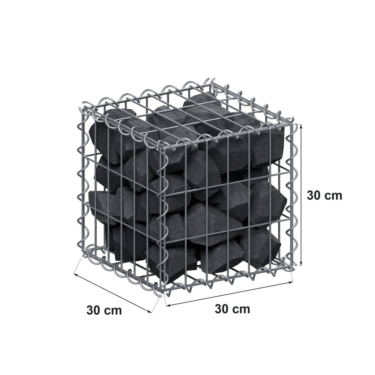 Gabião 30 cm x 30 cm x 30 cm (C x A x P), malhagem 5 cm x 10 cm, espiral