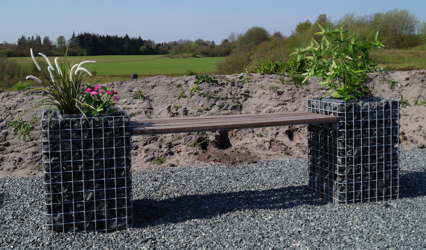 Panchina da giardino con 2 colonne di fiori - Legno Cumaru, 200 cm di lunghezza x 62 cm di altezza x 37 cm di profondità, zincato a caldo, MW 5 x 5 cm