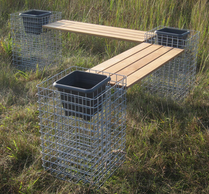 Banc en gabion avec 3 colonnes à fleurs - teck, 205 cm de longueur x 60 cm de hauteur x 37 cm de profondeur, galvanisé à chaud, MW 5 x 5 cm