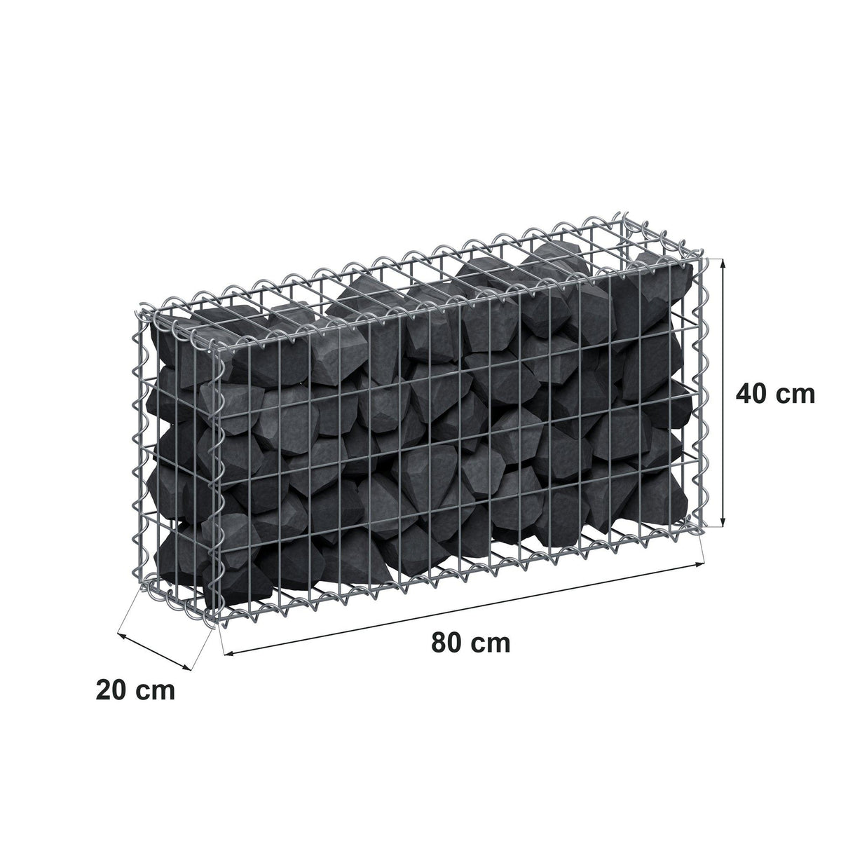 Gabion 80 cm x 40 cm x 20 cm (L x H x D), maskestørrelse 5 cm x 10 cm, spiral