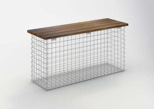 Panchina in gabbioni con legno di Cumaru, 105 x 50 x 30 cm (L x H x P), zincata, MW 5 x 5 cm, con chiusura a spirale