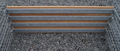 Banc en gabion avec 3 colonnes à fleurs - teck, 205 cm de longueur x 60 cm de hauteur x 37 cm de profondeur, galvanisé à chaud, MW 5 x 5 cm