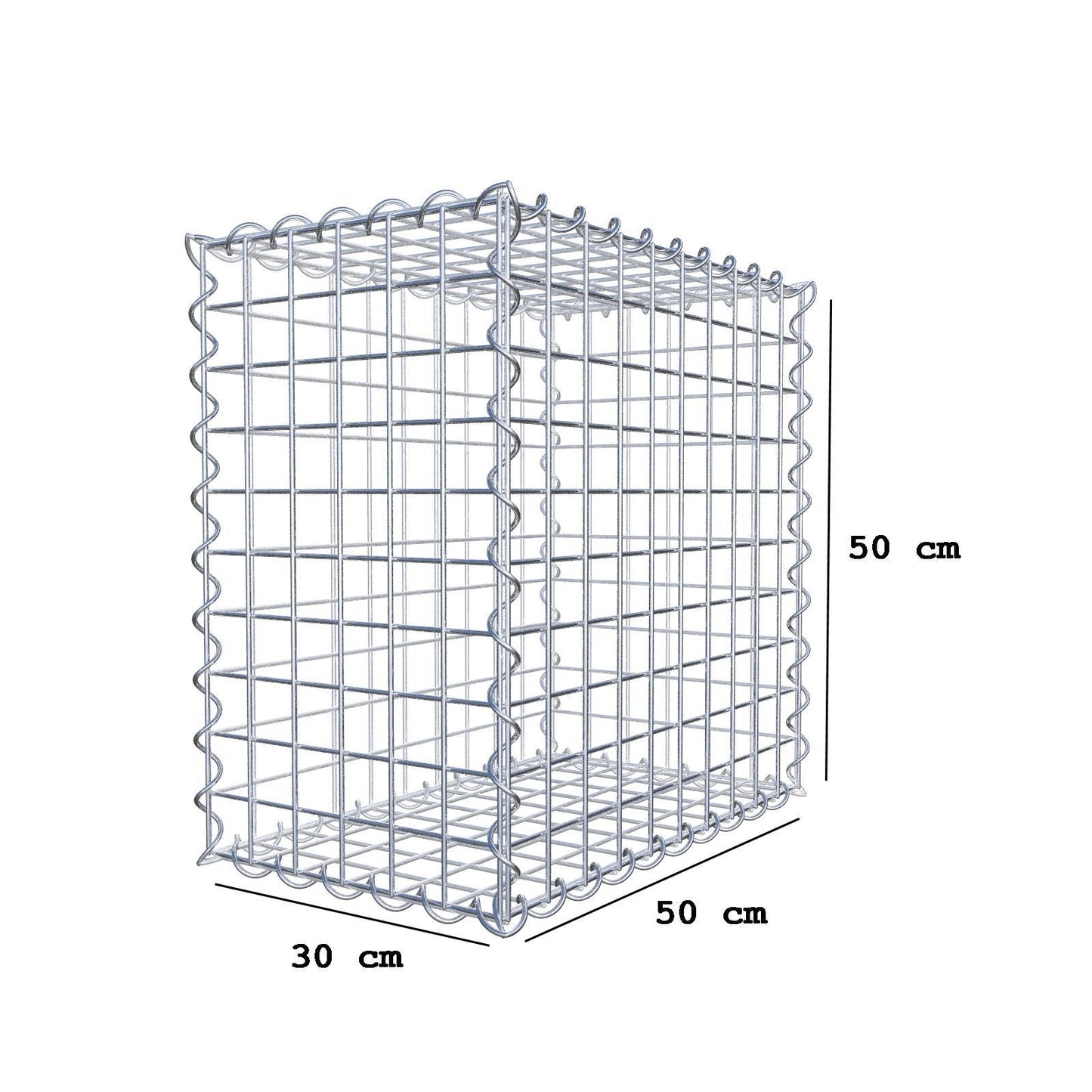 Gabião 50 cm x 50 cm x 30 cm (C x A x P), malhagem 5 cm x 5 cm, espiral