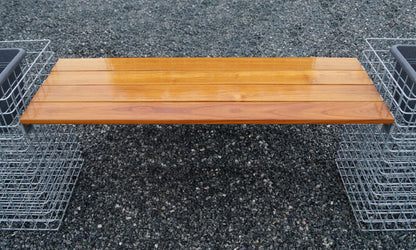 Banc en gabion avec 3 colonnes à fleurs - teck, 205 cm de longueur x 60 cm de hauteur x 37 cm de profondeur, galvanisé à chaud, MW 5 x 5 cm