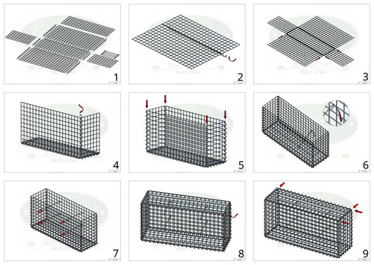 Schanskorf 50 cm x 40 cm x 20 cm (L x H x D), maaswijdte 5 cm x 5 cm, spiraalvormig
