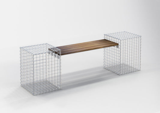 Panchina da giardino con 2 gabbioni - legno Cumaru, 200 cm di lunghezza x 60 cm di altezza x 37 cm di profondità, zincato, MW 5 x 5 cm