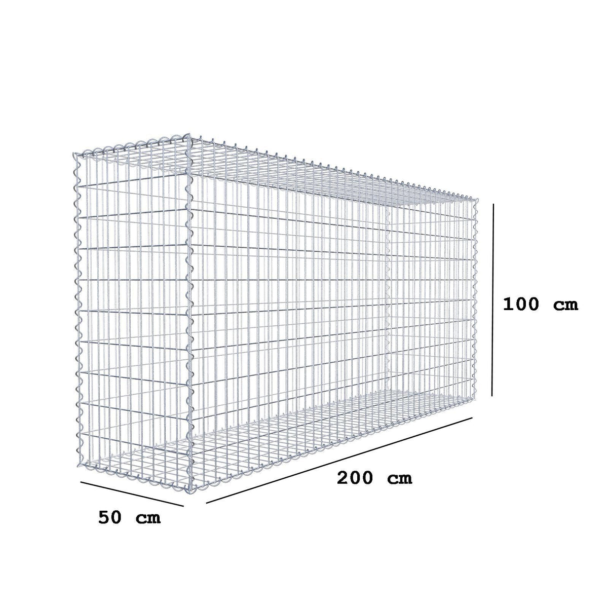 Gabião 200 cm x 100 cm x 50 cm (C x A x P), malhagem 5 cm x 10 cm, espiral