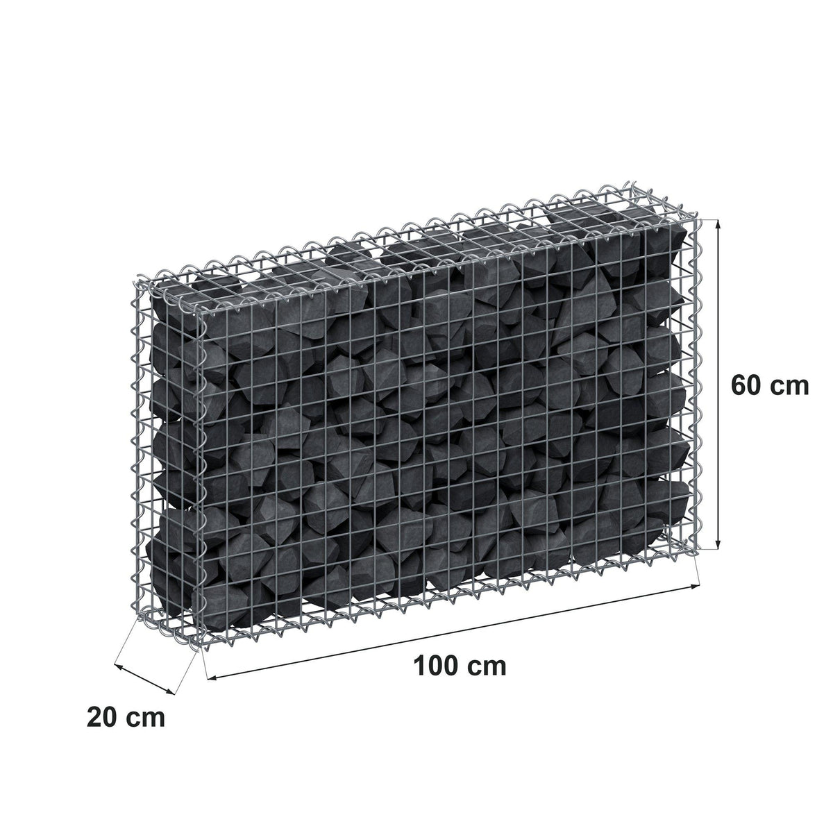 Gabião 100 cm x 60 cm x 20 cm (C x A x P), malhagem 5 cm x 5 cm, espiral
